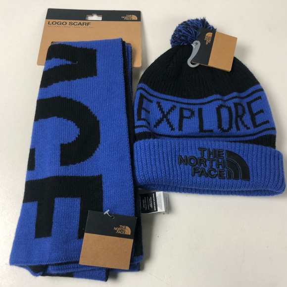 TNF The North Face Reversible Logo Scarf NWT Bold 2 Tone Design & PomPom Beanie - Picture 1 of 13